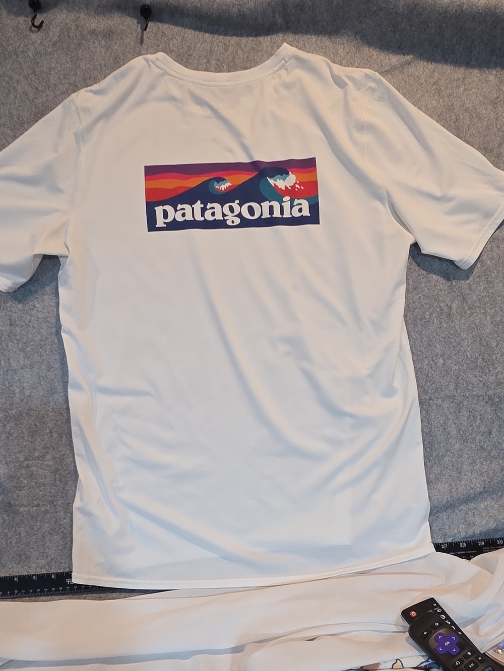 Patagonia White Short Sleeve Tee with Multicolor Wave Logo